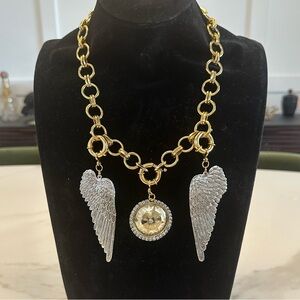 TOVA - Gold Plated Chain Charm Necklace w/ Angel Wings and Crown pendant